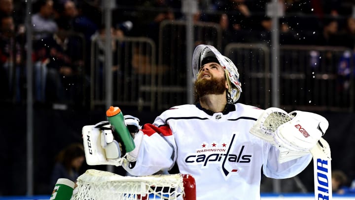 NEW YORK, NEW YORK – NOVEMBER 20: Braden Holtby #70 of the Washington Capitals throws water in the air during a stoppage of the second period of their game against the New York Rangers at Madison Square Garden on November 20, 2019 in New York City. (Photo by Emilee Chinn/Getty Images)