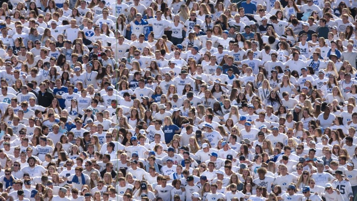 PROVO, UT – SEPTEMBER 21 : The student section cheers during the game between their BYU Cougars and the Washington Huskies at LaVell Edwards Stadium on September 21, 2019 in Provo, Utah. (Photo by Chris Gardner/Getty Images)