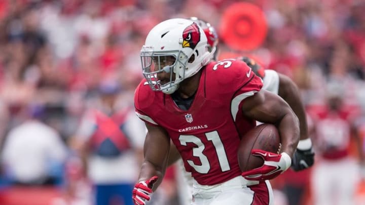 Sep 18, 2016; Glendale, AZ, USA; Arizona Cardinals running back David Johnson (31) in action during the game against the Tampa Bay Buccaneers at University of Phoenix Stadium. The Cardinals defeat the Buccaneers 40-7. Mandatory Credit: Jerome Miron-USA TODAY Sports