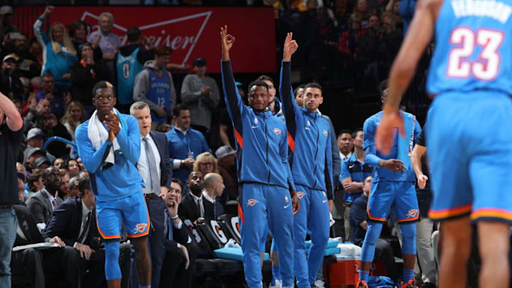 The OKC Thunder bench react to a made three pointer during a game against the Los Angeles Lakers on November 22 (Photo by Joe Murphy/NBAE via Getty Images)