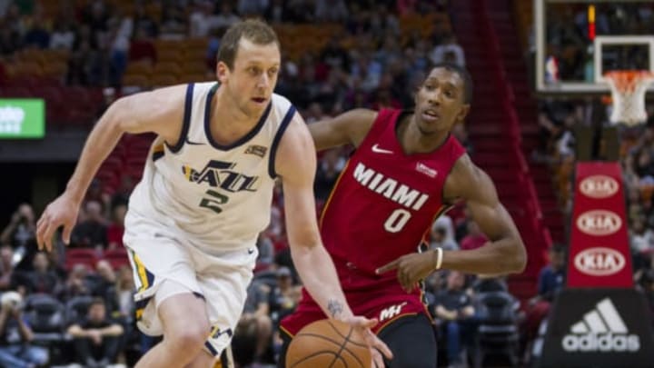 Utah Jazz forward Joe Ingles (2) drives the ball past the Miami Heat’s Josh Richardson (0) in the first quarter on Sunday, Jan. 7, 2018 at the AmericanAirlines Arena in Miami, Fla. (Matias J. Ocner/Miami Herald/TNS via Getty Images)
