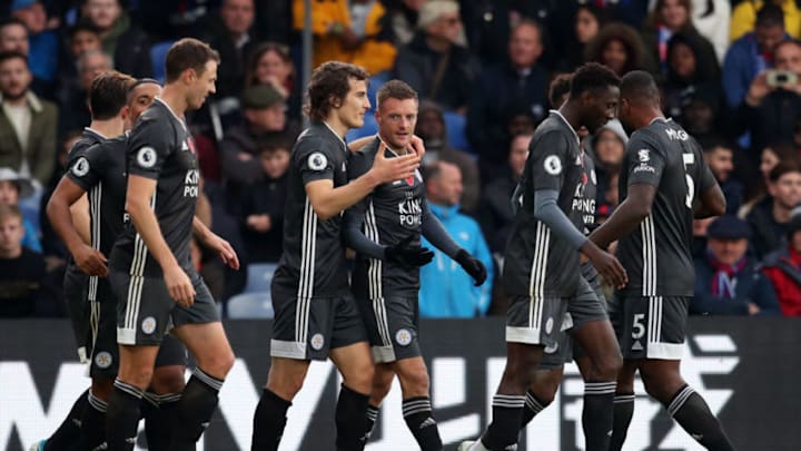 LONDON, ENGLAND - NOVEMBER 03: Jamie Vardy of Leicester City celebrates scoring his teams second goal with Caglar Soyuncu during the Premier League match between Crystal Palace and Leicester City at Selhurst Park on November 03, 2019 in London, United Kingdom. (Photo by Catherine Ivill/Getty Images)