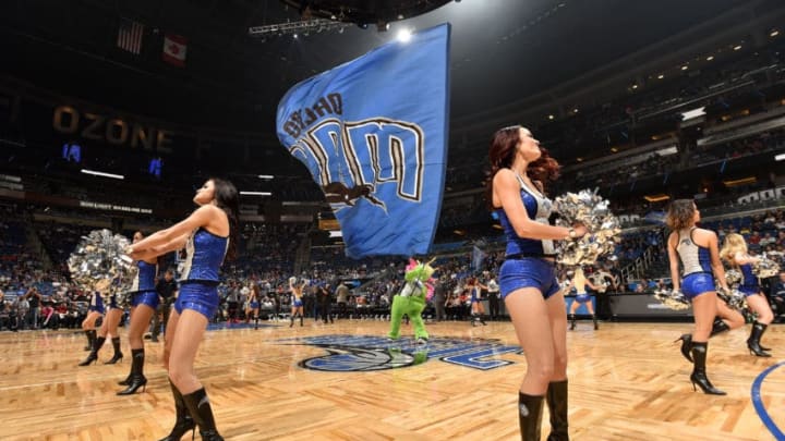 ORLANDO, FL - FEBRUARY 3: The Orlando Magic mascot waves the team flag before the game against the Toronto Raptors on February 3, 2017 at Amway Center in Orlando, Florida. NOTE TO USER: User expressly acknowledges and agrees that, by downloading and or using this photograph, User is consenting to the terms and conditions of the Getty Images License Agreement. Mandatory Copyright Notice: Copyright 2017 NBAE (Photo by Fernando Medina/NBAE via Getty Images)