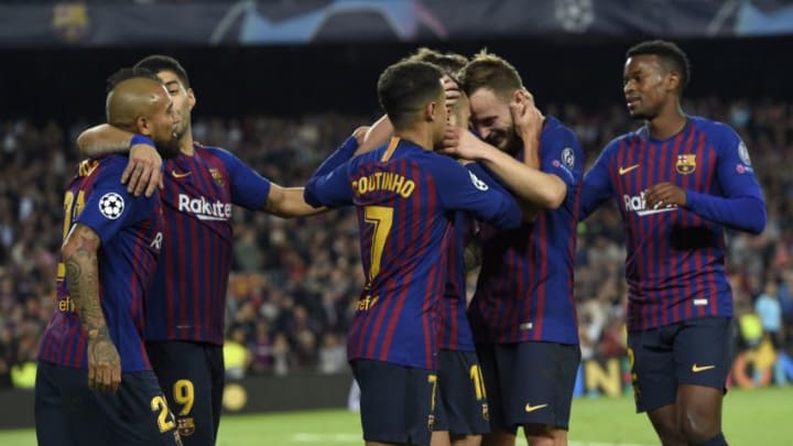 Barcelona's Spanish defender Jordi Alba (3L) celebrates with teammates after scoring during the UEFA Champions League group B match Barcelona against Inter Milan at the Camp Nou stadium in Barcelona on October 24, 2018. (Photo by LLUIS GENE / AFP) (Photo credit should read LLUIS GENE/AFP/Getty Images)