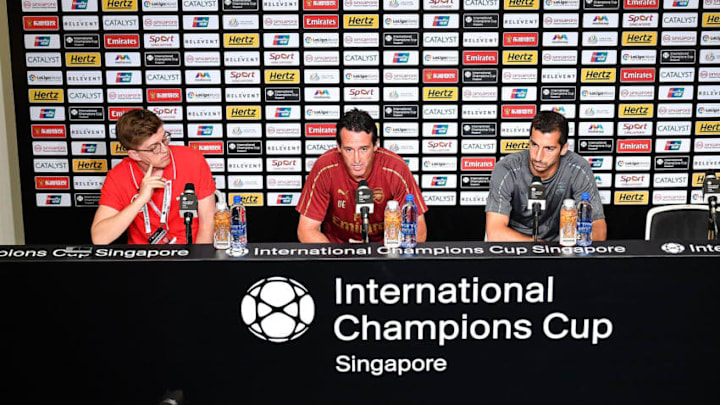 SINGAPORE - JULY 27: Henrikh Mkhitaryan and Unai Emery manager of Arsenal speaks on pre match press conference ahead of the International Champions Cup 2018 match between Arsenal v Paris Saint Germain on July 27, 2018 in Singapore. (Photo by Thananuwat Srirasant/Getty Images for ICC)