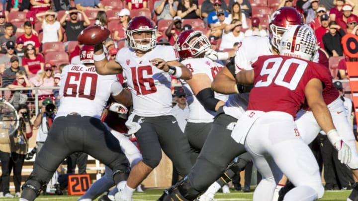 PALO ALTO, CA – OCTOBER 27: Washington State Cougars quarterback Gardner Minshew (16) looks for a receiver during the NCAA football game between the Stanford Cardinal and Washington State Cougars on October 27, 2018, at Stanford Stadium in Palo Alto, CA. (Photo by Bob Kupbens/Icon Sportswire via Getty Images)