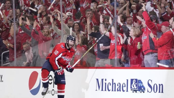 WASHINGTON, DC - APRIL 20: Brett Connolly #10 of the Washington Capitals celebrates after scoring a goal in the second period against the Carolina Hurricanes in Game Five of the Eastern Conference First Round during the 2019 NHL Stanley Cup Playoffs at Capital One Arena on April 20, 2019 in Washington, DC. (Photo by Patrick McDermott/NHLI via Getty Images)
