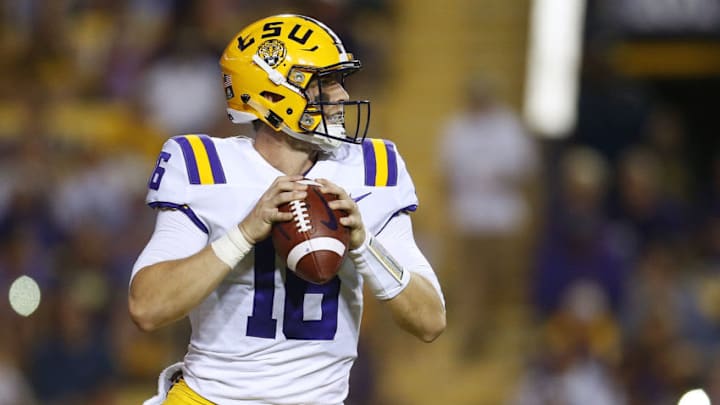 BATON ROUGE, LA - SEPTEMBER 09: Danny Etling #16 of the LSU Tigers throws the ball during the first half of a game against the Chattanooga Mocs at Tiger Stadium on September 9, 2017 in Baton Rouge, Louisiana. (Photo by Jonathan Bachman/Getty Images)