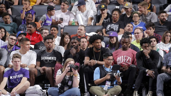 SACRAMENTO, CA – JULY 2: Bogdan Bogdanovic #8, Buddy Hield #24, Dewayne Dedmon, Marvin Bagley III #35, Harry Giles #20, and De’Aaron Fox #5 of the Sacramento Kings attend the game against the Miami Heat on July 2, 2019 at Golden 1 Center in Sacramento, California. NOTE TO USER: User expressly acknowledges and agrees that, by downloading and/or using this photograph, user is consenting to the terms and conditions of the Getty Images License Agreement. Mandatory Copyright Notice: Copyright 2019 NBAE (Photo by Rocky Widner/NBAE via Getty Images)