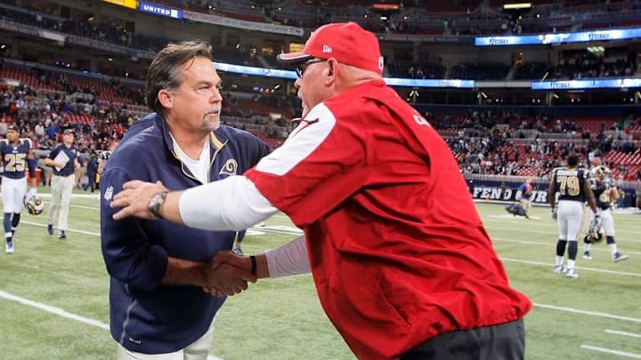 Dec 11, 2014; St. Louis, MO, USA; St. Louis Rams head coach Jeff Fisher and Arizona Cardinals head coach Bruce Arians shake hands after the game between the two teams at the Edward Jones Dome. The Cardinals defeated the Rams 12-6. Mandatory Credit: Scott Kane-USA TODAY Sports