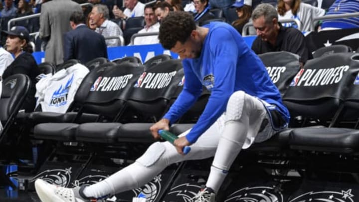 ORLANDO, FL – APRIL 19: Michael Carter-Williams #7 of the Orlando Magic warms up before the game against the Toronto Raptors during Game Three of Round One of the 2019 NBA Playoffs on April 19, 2019 at Amway Center in Orlando, Florida. NOTE TO USER: User expressly acknowledges and agrees that, by downloading and or using this photograph, User is consenting to the terms and conditions of the Getty Images License Agreement. Mandatory Copyright Notice: Copyright 2019 NBAE (Photo by Fernando Medina/NBAE via Getty Images)