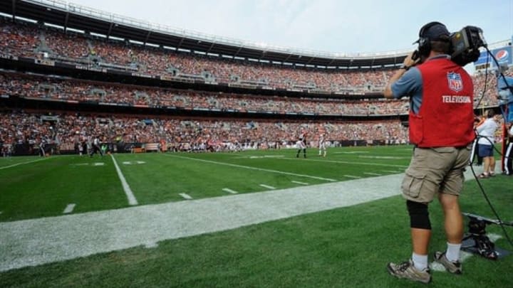 Oct 14, 2012; Cleveland, OH, USA; A television network camera man during a game between the Cincinnati Bengals and the Cleveland Browns at Cleveland Browns Stadium. Cleveland won 34-24. Mandatory Credit: David Richard-USA TODAY Sports