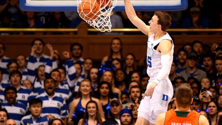 DURHAM, NORTH CAROLINA – MARCH 02: Alex O’Connell #15 of the Duke Blue Devils dunks against the Miami Hurricanes during the first half of their game at Cameron Indoor Stadium on March 02, 2019 in Durham, North Carolina. (Photo by Grant Halverson/Getty Images)