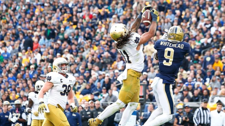 PITTSBURGH, PA – NOVEMBER 07: Matthias Farley #41 of the Notre Dame Fighting Irish intercepts a pass on the 1-yard line in the second quarter in front of Jordan Whitehead #9 of the Pittsburgh Panthers during the game at Heinz Field on November 7, 2015 in Pittsburgh, Pennsylvania. (Photo by Jared Wickerham/Getty Images)