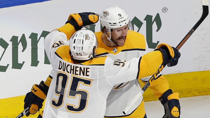 The Nashville Predators celebrate a third period goal by forward Filip Forsberg (9) who scored with less then a minute to play to tie the game with Arizona Coyotes during the Western Conference qualifications at Rogers Place. Mandatory Credit: Perry Nelson-USA TODAY Sports