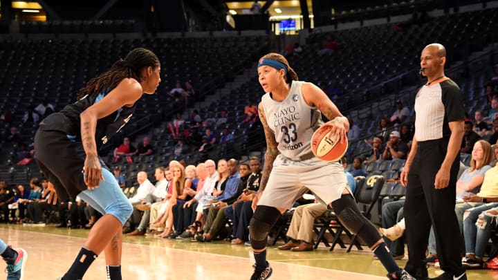 ATLANTA, GA – MAY 29: Seimone Augustus #33 of the Minnesota Lynx handles the ball against the Atlanta Dream on May 29, 2018 at McCamish Pavilion in Atlanta, Georgia. NOTE TO USER: User expressly acknowledges and agrees that, by downloading and/or using this Photograph, user is consenting to the terms and conditions of the Getty Images License Agreement. Mandatory Copyright Notice: Copyright 2018 NBAE (Photo by Scott Cunningham/NBAE via Getty Images)
