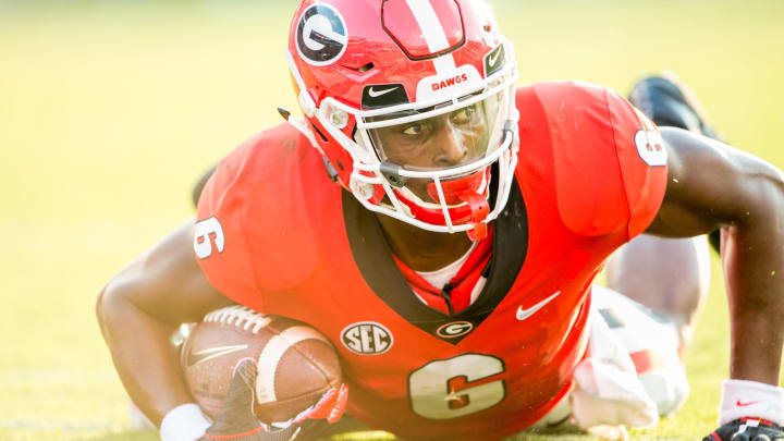 ATHENS, GA – SEPTEMBER 2: Wide receiver Javon Wims #6 of the Georgia Bulldogs scores a touchdown during their game against the Appalachian State Mountaineers at Sanford Stadium on September 2, 2017 in Athens, Georgia. (Photo by Michael Chang/Getty Images)