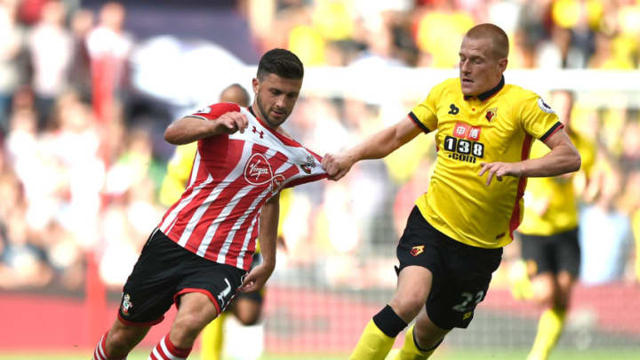 SOUTHAMPTON, ENGLAND – AUGUST 13: Ben Watson of Watford pulls Shane Long’s shirt during the Premier League match between Southampton and Watford at St Mary’s Stadium on August 13, 2016 in Southampton, England. (Photo by Tom Dulat/Getty Images)