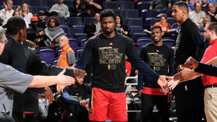 PHOENIX, AZ - FEBRUARY 13: Solomon Hill #44 of the New Orleans Pelicans gets introduced before the game against the Phoenix Suns on February 13, 2017 at U.S. Airways Center in Phoenix, Arizona. NOTE TO USER: User expressly acknowledges and agrees that, by downloading and or using this photograph, user is consenting to the terms and conditions of the Getty Images License Agreement. Mandatory Copyright Notice: Copyright 2017 NBAE (Photo by Michael Gonzales/NBAE via Getty Images)