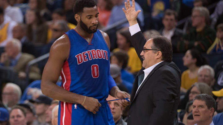 January 12, 2017; Oakland, CA, USA; Detroit Pistons head coach Stan Van Gundy (right) instructs center Andre Drummond (0) during the first quarter against the Golden State Warriors at Oracle Arena. The Warriors defeated the Pistons 127-107. Mandatory Credit: Kyle Terada-USA TODAY Sports