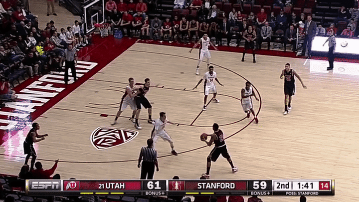 Utah @ Stanford - Poeltl seals man with off arm, scoring in post, right hook finish through contact