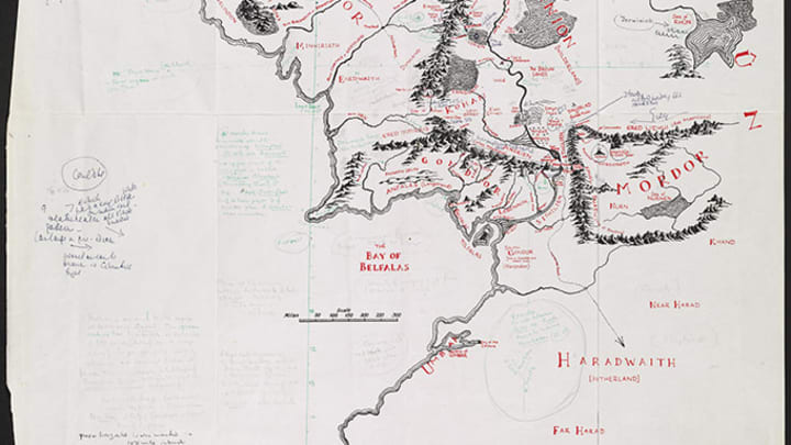 This general map of Middle-earth was included in the first two volumes of The Lord of the Rings, an essential guide for readers navigating through the then unfamiliar world of Tolkien’s Middle-earth. In 1969 Tolkien collaborated with the artist Pauline Baynes to produce a poster map of Middle-earth. His annotations reveal extraordinary details of his conception of his imaginary world, and its association with the real world. The map reveals that Oxford is on the same latitude as Hobbiton. The recently discovered map was acquired by the Bodleian Libraries in 2016. Shelfmark: MS. Tolkien Drawings 132. Credit: © Williams College Oxford Programme & The Tolkien Estate Ltd, 2018.