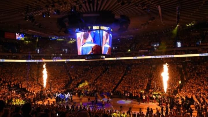 June 7, 2015; Oakland, CA, USA; General view as Golden State Warriors players are introduced before playing against the Cleveland Cavaliers in game two of the NBA Finals at Oracle Arena. Mandatory Credit: Bob Donnan-USA TODAY Sports