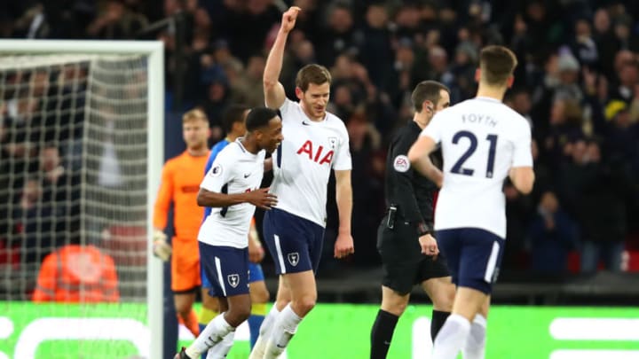 LONDON, ENGLAND - JANUARY 07: Jan Vertonghen of Tottenham Hotspur celebrates scoring the third Tottenham goal during The Emirates FA Cup Third Round match between Tottenham Hotspur and AFC Wimbledon at Wembley Stadium on January 7, 2018 in London, England. (Photo by Julian Finney/Getty Images)