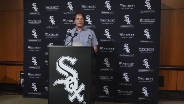 CHICAGO, ILLINOIS - OCTOBER 03: Manager Tony La Russa #22 of the Chicago White Sox announces his retirement from baseball during a press conference prior to a game between the Chicago White Sox and the Minnesota Twins at Guaranteed Rate Field on October 03, 2022 in Chicago, Illinois. (Photo by Nuccio DiNuzzo/Getty Images)