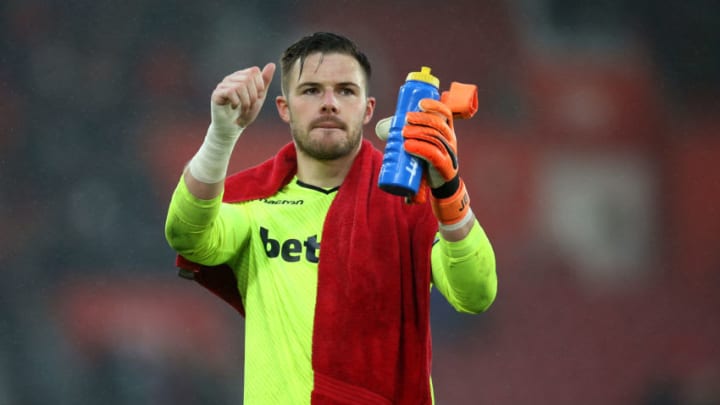 SOUTHAMPTON, ENGLAND - MARCH 03: Jack Butland of Stoke City shows appreciation to the fans after the Premier League match between Southampton and Stoke City at St Mary's Stadium on March 3, 2018 in Southampton, England. (Photo by Steve Bardens/Getty Images)