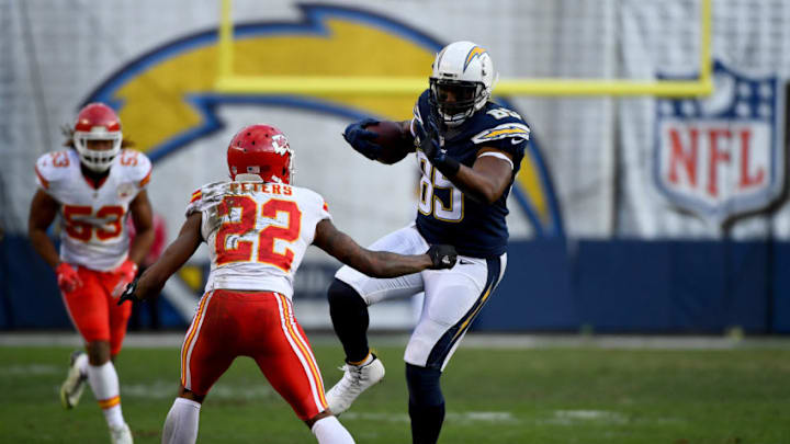 SAN DIEGO, CA - JANUARY 01: Antonio Gates #85 of the San Diego Chargers runs for a gain late in the fourth quarter against Marcus Peters #22 of the Kansas City Chiefs. Gates scored his 111 career touchdown in the first half, tying the All-Time NFL Tight-end Record with Tony Gonzalez en route to their 37-27 loss to the Kansas City Chiefs during the 2nd half of a game at Qualcomm Stadium on January 1, 2017 in San Diego, California. (Photo by Donald Miralle/Getty Images) SAN DIEGO, CA - JANUARY 01: Antonio Gates #85 of the San Diego Chargers runs for a gain late in the fourth quarter against Marcus Peters #22 of the Kansas City Chiefs. Gates scored his 111 career touchdown in the first half, tying the All-Time NFL Tight-end Record with Tony Gonzalez en route to their 37-27 loss to the Kansas City Chiefs during the 2nd half of a game at Qualcomm Stadium on January 1, 2017 in San Diego, California. (Photo by Donald Miralle/Getty Images)