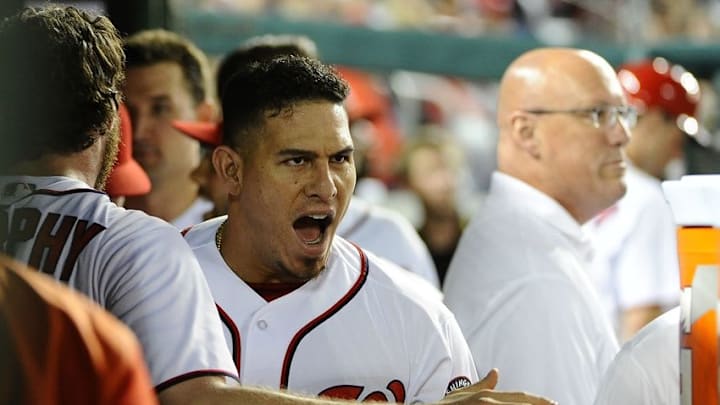 Jun 13, 2016; Washington, DC, USA; Washington Nationals catcher Wilson Ramos (40) reacts after hitting a solo home run against the Chicago Cubs during the sixth inning at Nationals Park. Mandatory Credit: Brad Mills-USA TODAY Sports