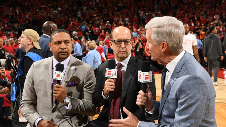 TORONTO, CANADA – JUNE 2: Mark Jackson, Jeff VanGundy and Mike Breen provide commentary before Game Two of the NBA Finals on June 2, 2019 at Scotiabank Arena in Toronto, Ontario, Canada. NOTE TO USER: User expressly acknowledges and agrees that, by downloading and/or using this photograph, user is consenting to the terms and conditions of the Getty Images License Agreement. Mandatory Copyright Notice: Copyright 2019 NBAE (Photo by Ron Turenne/NBAE via Getty Images)