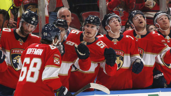 SUNRISE, FL – FEBRUARY 06: Teammates congratulate Mike Hoffman #68 of the Florida Panthers after he scored a first period goal against the Vegas Golden Knights at the BB&T Center on February 6, 2020 in Sunrise, Florida. (Photo by Joel Auerbach/Icon Sportswire via Getty Images)