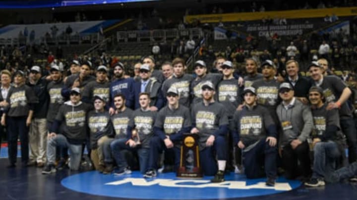 Mar 23, 2019; Pittsburgh, PA, USA; Penn State wrestler Bo Nickel holds the NCAA trophy. Mandatory Credit: Douglas DeFelice-USA TODAY Sports