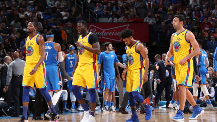 OKLAHOMA CITY, OK - APRIL 3: The Golden State Warriors walking off court at halftime during the game against the Oklahoma City Thunder on April 3, 2018 at Chesapeake Energy Arena in Oklahoma City, Oklahoma. NOTE TO USER: User expressly acknowledges and agrees that, by downloading and or using this photograph, User is consenting to the terms and conditions of the Getty Images License Agreement. Mandatory Copyright Notice: Copyright 2018 NBAE (Photo by Joe Murphy/NBAE via Getty Images)