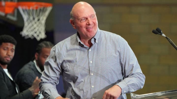 LOS ANGELES, CA - JULY 24: Clippers owner Steve Ballmer, steps up to the podium at a press conference at the Green Meadows Recreation Center in Los Angeles on Wednesday, July 24, 2019. George and Leonard were introduced to the media and fans as the newest members of the Clippers. (Photo by Scott Varley/MediaNews Group/Daily Breeze via Getty Images)