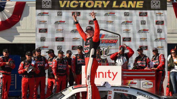 ELKHART LAKE, WISCONSIN - AUGUST 24: Christopher Bell, driver of the #20 Rudd Toyota, celebrates in Victory Lane after winning the NASCAR Xfinity Series CTECH Manufacturing 180 at Road America on August 24, 2019 in Elkhart Lake, Wisconsin. (Photo by Stacy Revere/Getty Images)