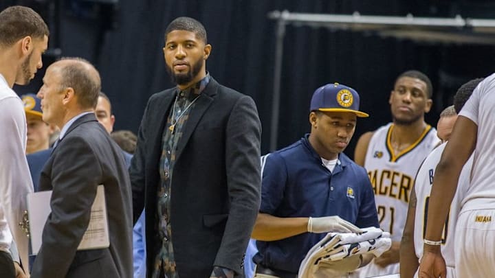Nov 25, 2016; Indianapolis, IN, USA; Indiana Pacers forward Paul George (13) during a timeout in the second half of the game against the Brooklyn Nets at Bankers Life Fieldhouse. The Indiana Pacers beat the Brooklyn Nets 118-97. Mandatory Credit: Trevor Ruszkowski-USA TODAY Sports