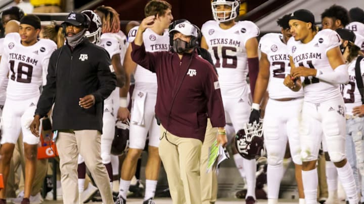 Nov 7, 2020; Columbia, South Carolina, USA; Texas A&M Aggies head coach Jimbo Fisher directs his team against the South Carolina Gamecocks in the fourth quarter at Williams-Brice Stadium. Mandatory Credit: Jeff Blake-USA TODAY Sports