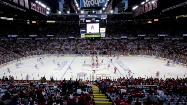 Apr 17, 2016; Detroit, MI, USA; A general view during warm ups prior to game three of the first round of the 2016 Stanley Cup Playoffs between the Detroit Red Wings and the Tampa Bay Lightning at Joe Louis Arena. Mandatory Credit: Rick Osentoski-USA TODAY Sports