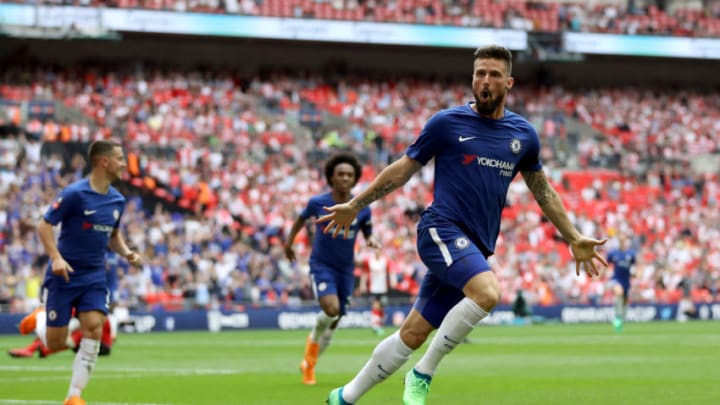 LONDON, ENGLAND – APRIL 22: Olivier Giroud of Chelsea celebrates scoring the first goal during the The Emirates FA Cup Semi Final match between Chelsea and Southampton at Wembley Stadium on April 22, 2018 in London, England. (Photo by Dan Istitene/Getty Images)