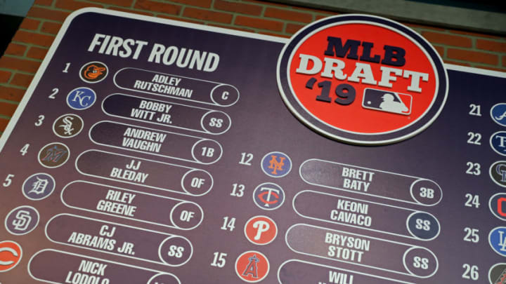 SECAUCUS, NJ - JUNE 03: A detail shot of the first round draft board during the 2019 Major League Baseball Draft at Studio 42 at the MLB Network on Monday, June 3, 2019 in Secaucus, New Jersey. (Photo by Alex Trautwig/MLB Photos via Getty Images)