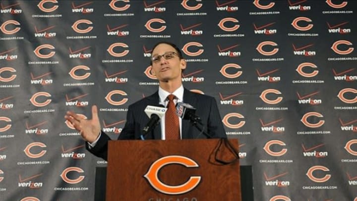Jan 17, 2013; Lake Forest, IL, USA; Chicago Bears new head coach Marc Trestman during a press conference at Halas Hall. Mandatory Credit: David Banks-USA TODAY Sports