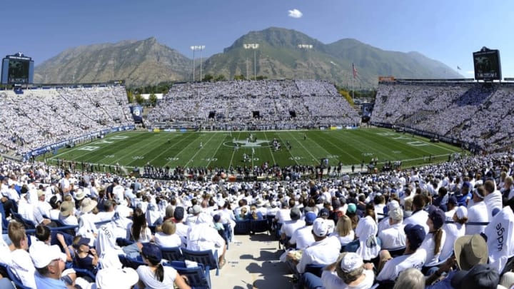 Sep 20, 2014; Provo, UT, USA; A general view of game action between the Brigham Young Cougars and the Virginia Cavaliers during the first half at Lavell Edwards Stadium. Mandatory Credit: Joe Camporeale-USA TODAY Sports