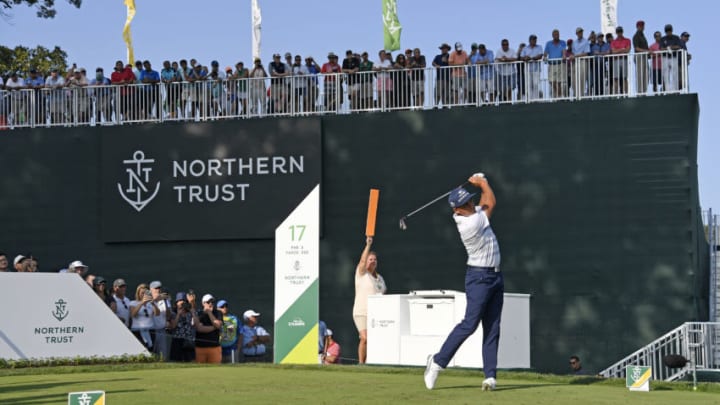 2019 northern trust: OLD WESTBURY, NY - AUGUST 26: Rickie Fowler hits his tee shot at the 17th tee during the third round of THE NORTHERN TRUST at Glen Oaks Club on August 26, 2017, in Old Westbury, New York. (Photo by Chris Condon/PGA TOUR)