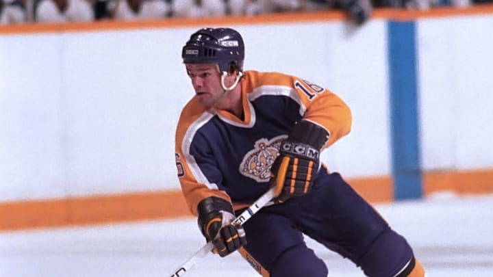 TORONTO, CANADA – NOV. 14: Marcel Dionne, #16 of the Los Angeles Kings, skates up ice against the Toronto Maple Leafs in game action Nov. 14, 1984, at Maple Leaf Gardens in Toronto, Ontario, Canada. (Photo by Graig Abel Collection/Getty Images)