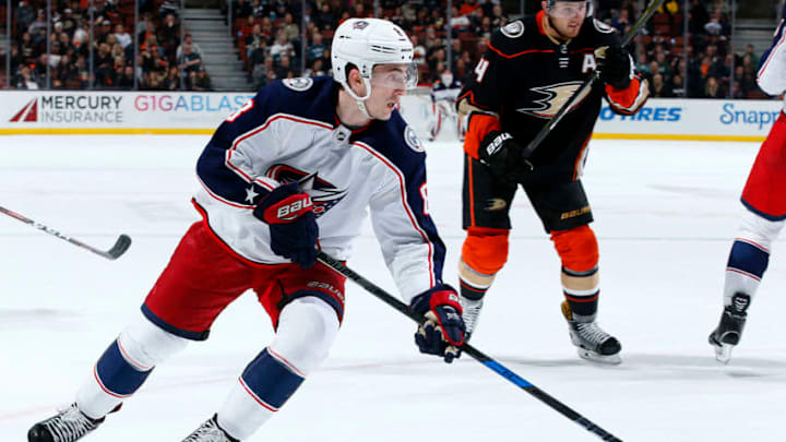 ANAHEIM, CA - MARCH 2: Zach Werenski #8 of the Columbus Blue Jackets skates during the game against the Anaheim Ducks on March 2, 2018 at Honda Center in Anaheim, California. (Photo by Debora Robinson/NHLI via Getty Images) *** Local Caption ***