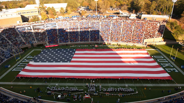 DURHAM, NC - NOVEMBER 05: A general view as a United States flag is spread across the field during the game between the Virginia Tech Hokies and the Duke Blue Devils at Wallace Wade Stadium on November 5, 2016 in Durham, North Carolina. (Photo by Lance King/Getty Images)