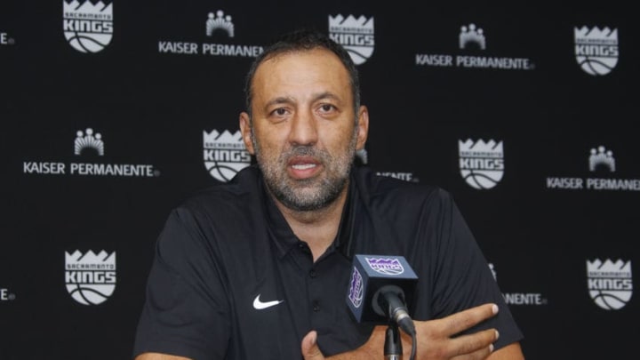 SACRAMENTO, CA - JUNE 24: General Manager Vlade Divac of the Sacramento Kings addresses the media at a press conference on September 27, 2017 at the Golden 1 Center in Sacramento, California. NOTE TO USER: User expressly acknowledges and agrees that, by downloading and/or using this Photograph, user is consenting to the terms and conditions of the Getty Images License Agreement. Mandatory Copyright Notice: Copyright 2017 NBAE (Photo by Rocky Widner/NBAE via Getty Images)